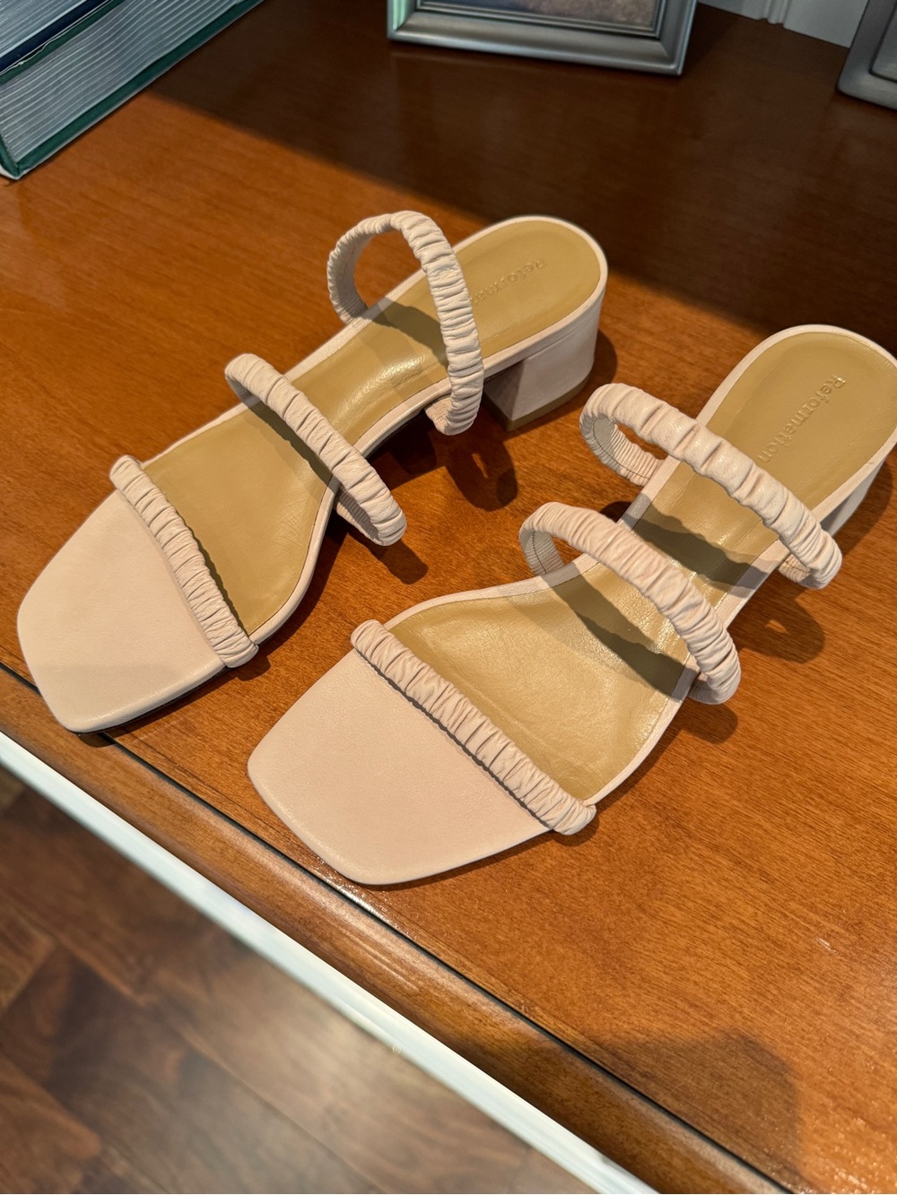 Reformation Ruched Triple-Strap Block Heel Sandals - Blush